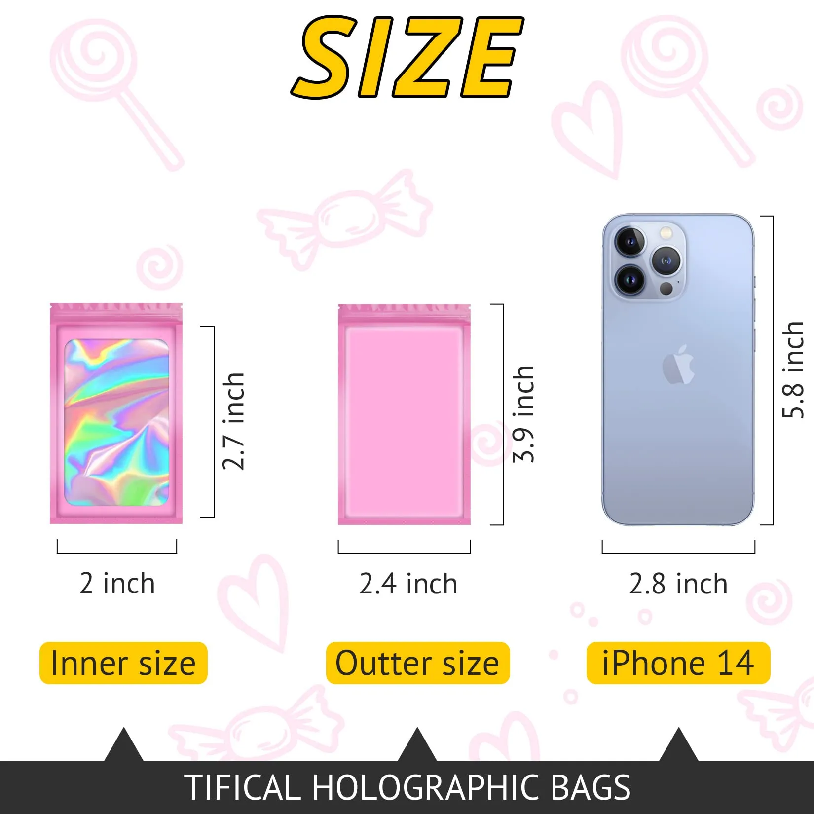 100 PCS Smell Proof Bag, Packaging Bags, Holographic Mylar Bags, Foil Resealable Bags for Small Business Candy Jewelry Bracelet Party Favor Food Storage Sample Supplies (2.4×3.9 Inch, Pink) 2.4x3.9 Inch