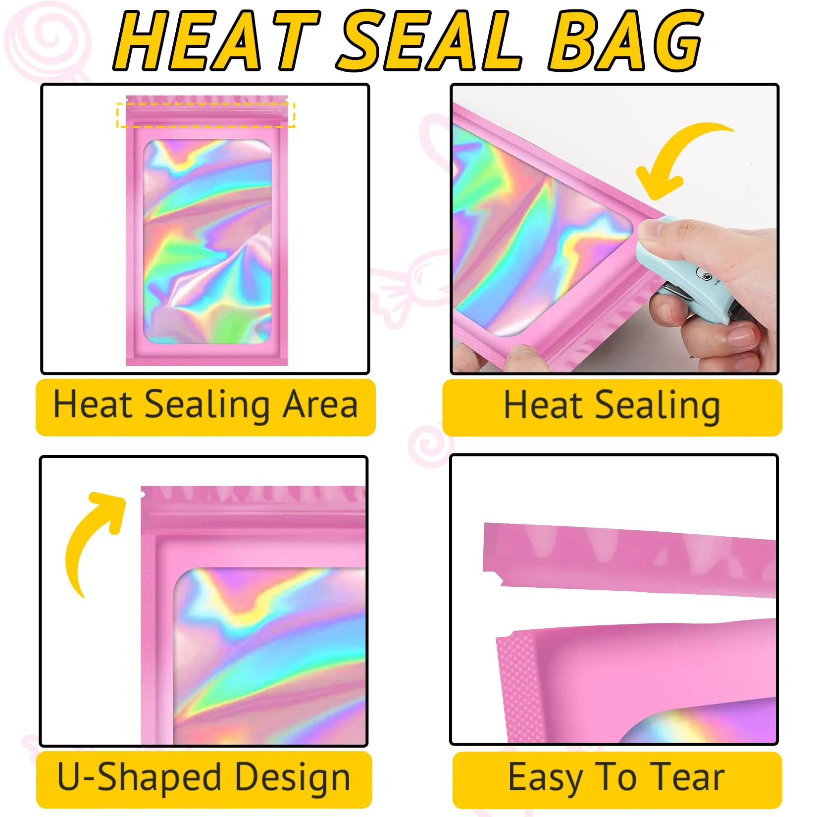 100 PCS Smell Proof Bag, Packaging Bags, Holographic Mylar Bags, Foil Resealable Bags for Small Business Candy Jewelry Bracelet Party Favor Food Storage Sample Supplies (2.4×3.9 Inch, Pink) 2.4x3.9 Inch