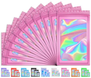 100 PCS Smell Proof Bag, Packaging Bags, Holographic Mylar Bags, Foil Resealable Bags for Small Business Candy Jewelry Bracelet Party Favor Food Storage Sample Supplies (2.4×3.9 Inch, Pink) 2.4x3.9 Inch