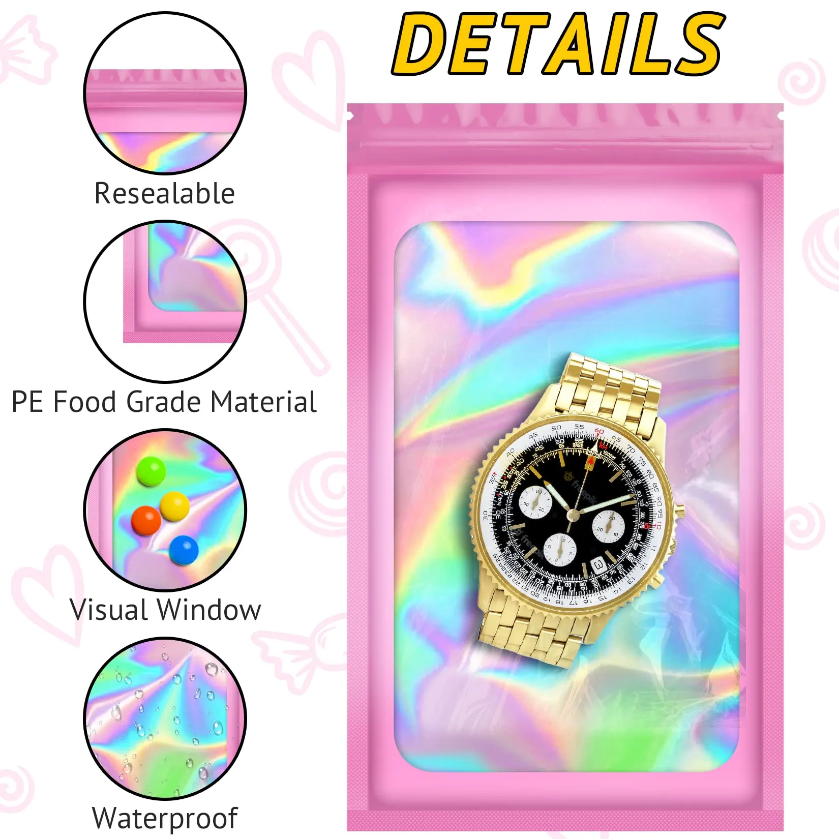 100 PCS Smell Proof Bag, Packaging Bags, Holographic Mylar Bags, Foil Resealable Bags for Small Business Candy Jewelry Bracelet Party Favor Food Storage Sample Supplies (2.4×3.9 Inch, Pink) 2.4x3.9 Inch