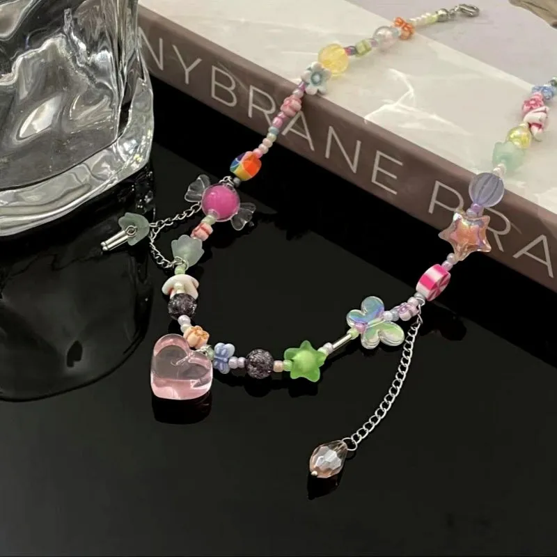 14K Gold-Plated Pink Heart Colorful Beaded Necklaces