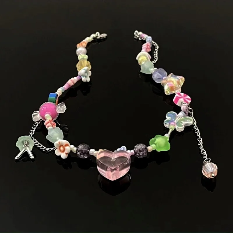 14K Gold-Plated Pink Heart Colorful Beaded Necklaces