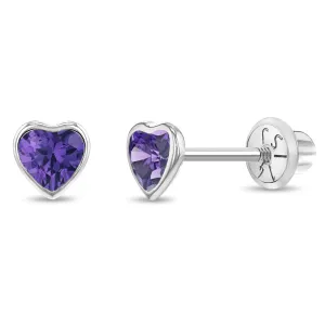 14k White Gold Bezel CZ Heart Baby / Toddler / Kids Earrings Safety Screw Back