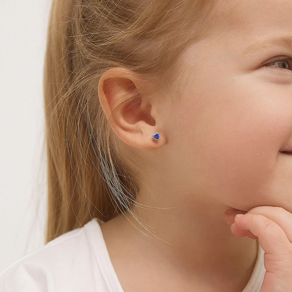 14k White Gold Bezel CZ Heart Baby / Toddler / Kids Earrings Safety Screw Back