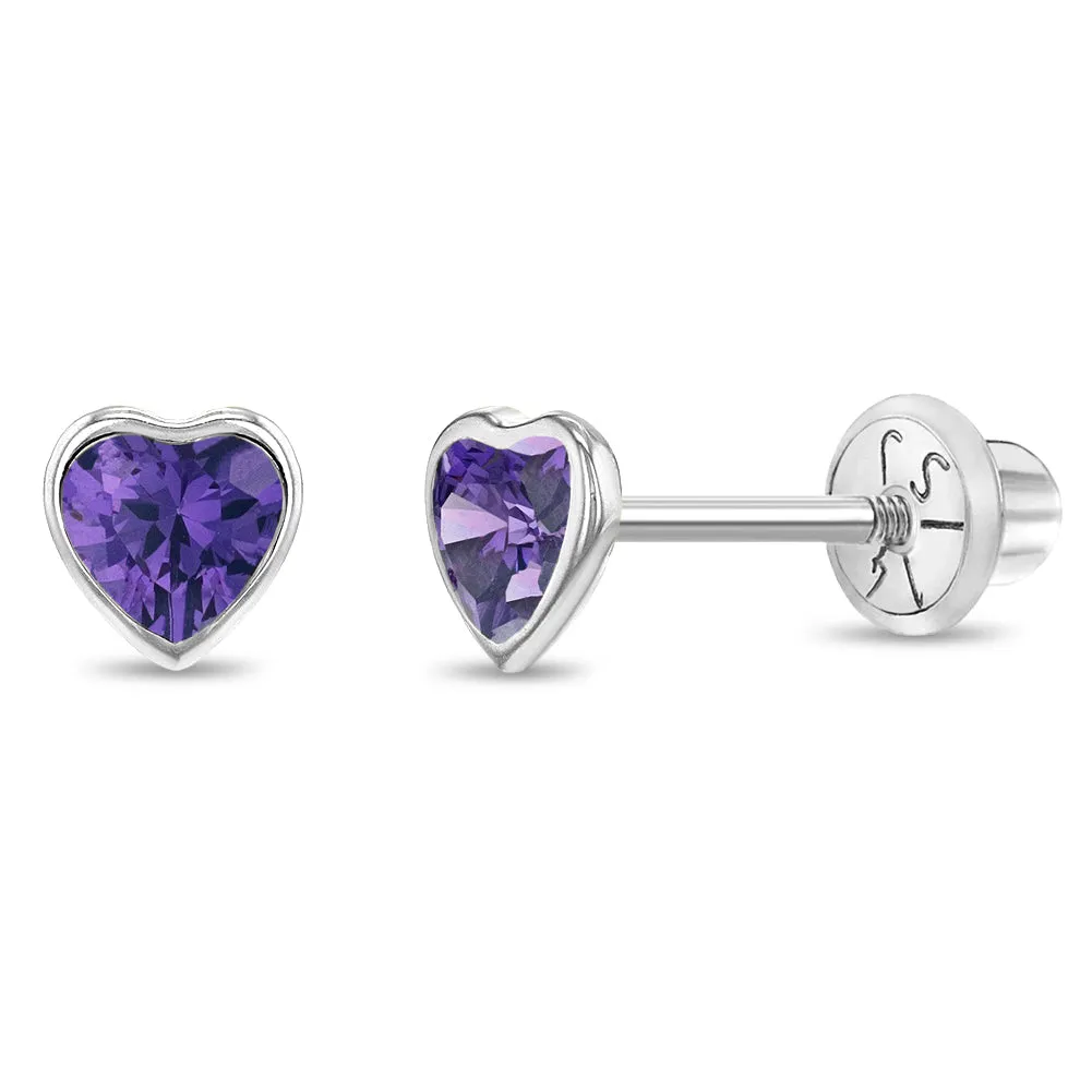 14k White Gold Bezel CZ Heart Baby / Toddler / Kids Earrings Safety Screw Back