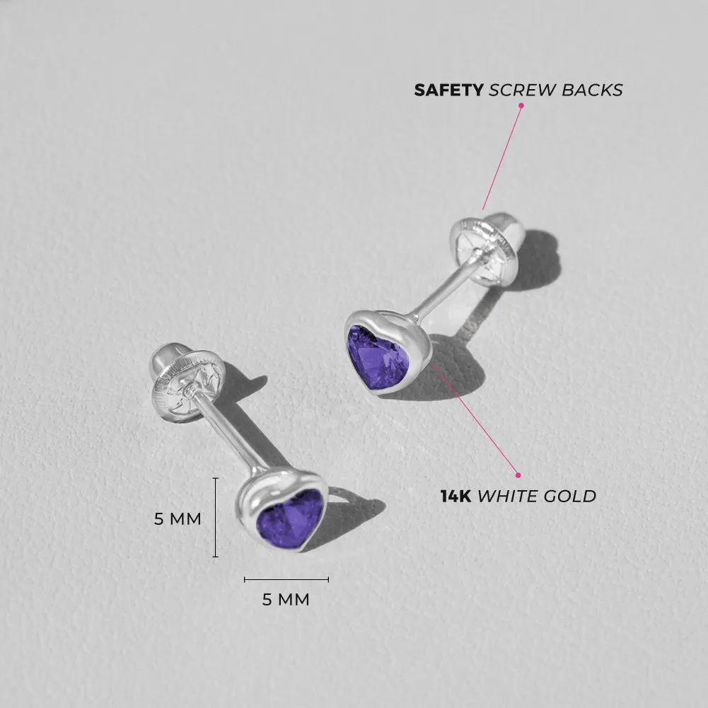 14k White Gold Bezel CZ Heart Baby / Toddler / Kids Earrings Safety Screw Back