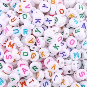 200/PCS PKG. LOT, 6MM DISC COLORFUL BEADS Alaphabet WHITE COLOR Colorful  Acrylic Material Beads  for DIY Bracelets, Necklaces, Key Chains, and Art Crafts making 6 mm