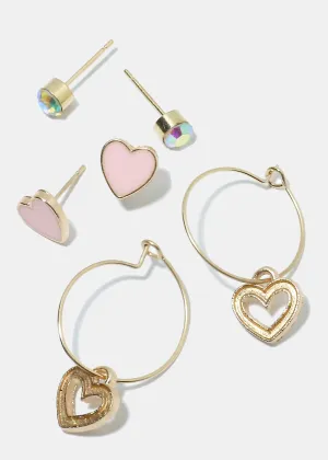 3-Pair Heart Multi Design Earrings
