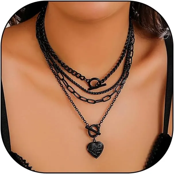 4Pcs Layered Black Pendant Necklaces Set,Fashion Circle Coin Ot Buckle Choker Heart Paperclip Chain Clavicle Necklace Long Beads Link Collar Necklace