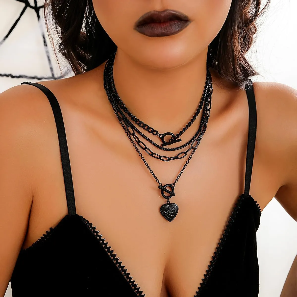 4Pcs Layered Black Pendant Necklaces Set,Fashion Circle Coin Ot Buckle Choker Heart Paperclip Chain Clavicle Necklace Long Beads Link Collar Necklace