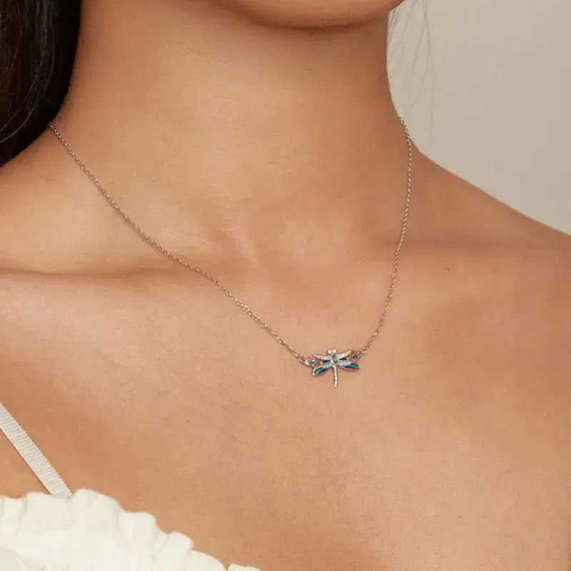 925 Sterling Silver Colorful Enamel Dragonfly Pendant Necklace Dainty Insect Neck Chain for Women Valentine's Day Gift
