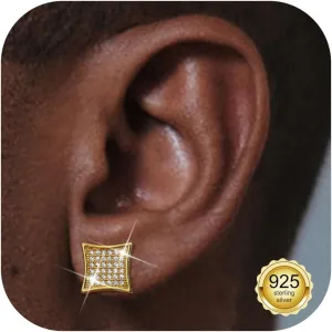 925 Sterling Silver Earrings For Men Women- Hypoallergenic Cubic Zirconia Stud Earrings for Sensitive Ears, 18K Gold Plated Large Square Diamond Studs