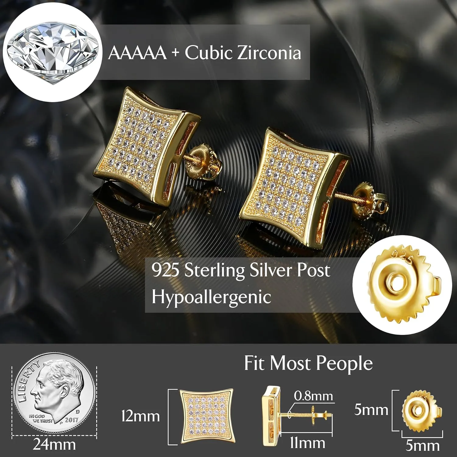 925 Sterling Silver Earrings For Men Women- Hypoallergenic Cubic Zirconia Stud Earrings for Sensitive Ears, 18K Gold Plated Large Square Diamond Studs