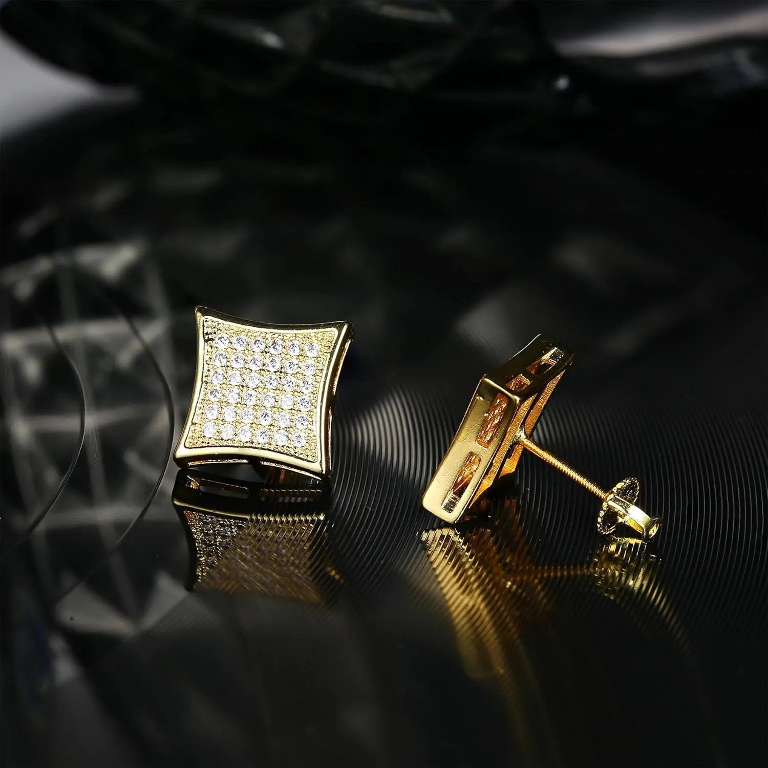 925 Sterling Silver Earrings For Men Women- Hypoallergenic Cubic Zirconia Stud Earrings for Sensitive Ears, 18K Gold Plated Large Square Diamond Studs