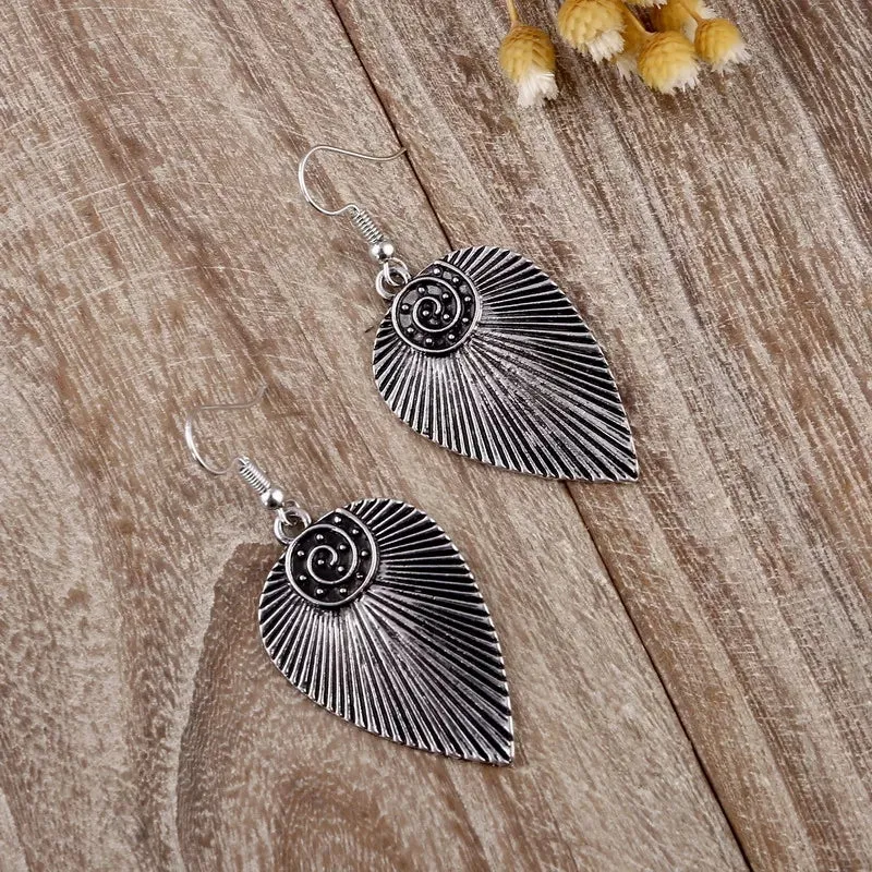 Antique Silver Leaf Shaped Ethnic Drop Earring