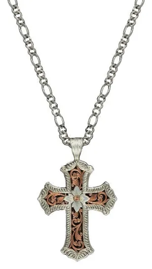 Antiqued Rose Gold & Silver Scalloped Cross Necklace