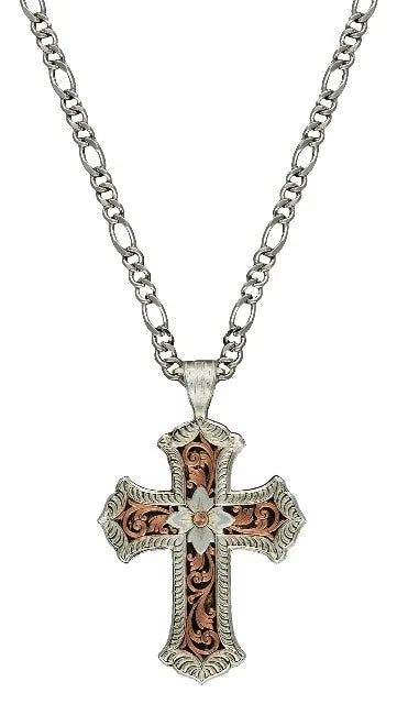 Antiqued Rose Gold & Silver Scalloped Cross Necklace