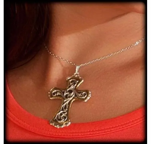 Antiqued Rose Gold & Silver Scalloped Cross Necklace