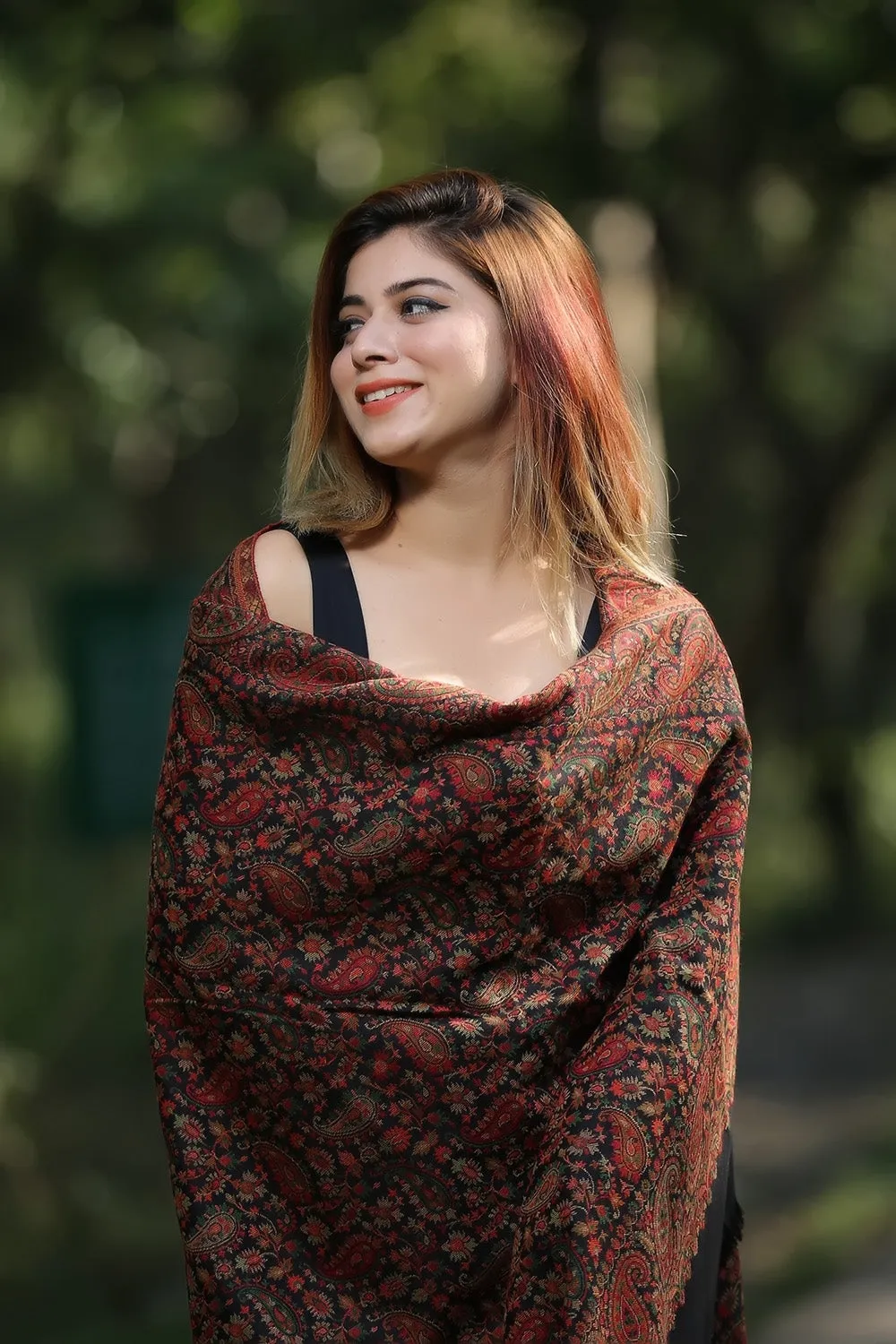 Black Colour Beautiful Kani Shawl And AllOver  Multi color Pattern Creates Innovative Designs