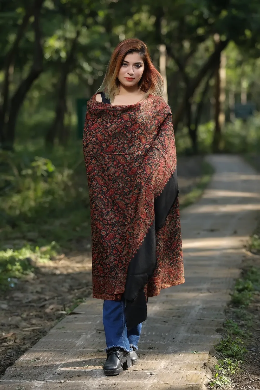 Black Colour Beautiful Kani Shawl And AllOver  Multi color Pattern Creates Innovative Designs