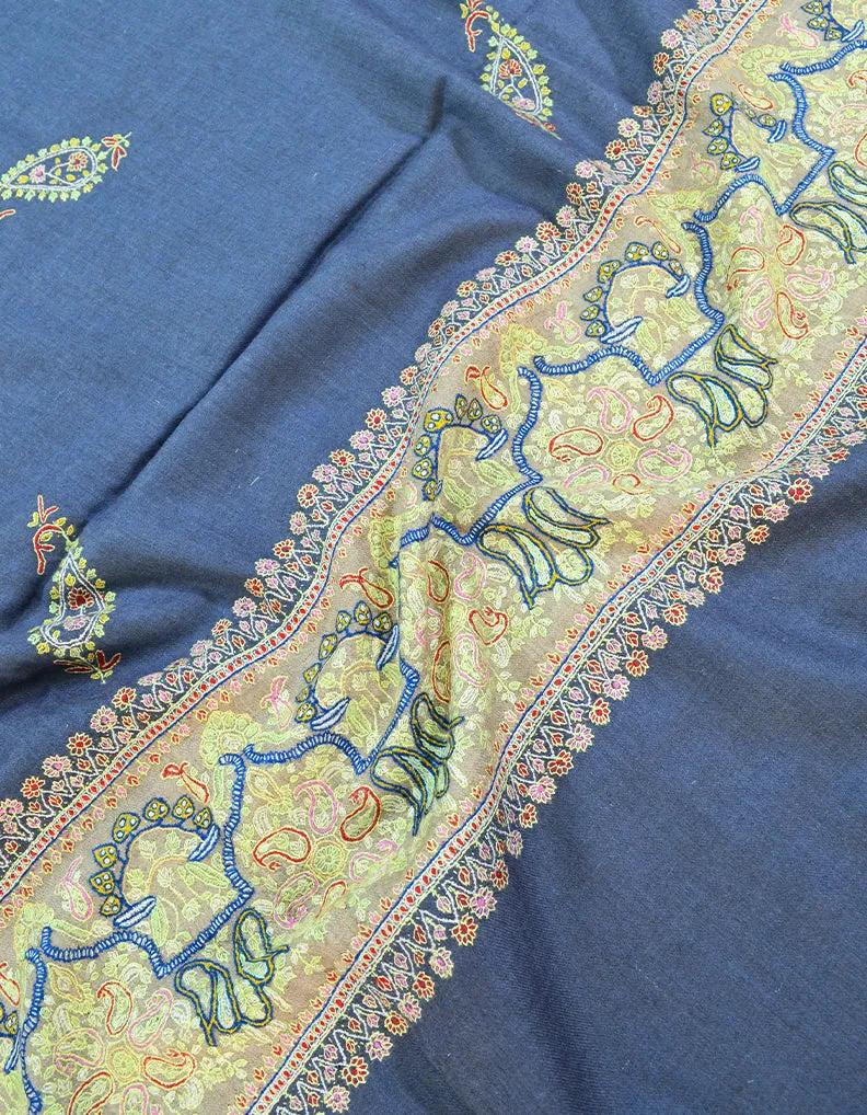 Blue and neon Green Embroidery Pashmina Shawl 7153
