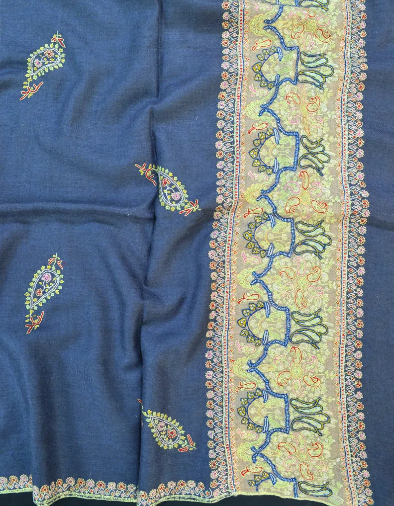 Blue and neon Green Embroidery Pashmina Shawl 7153