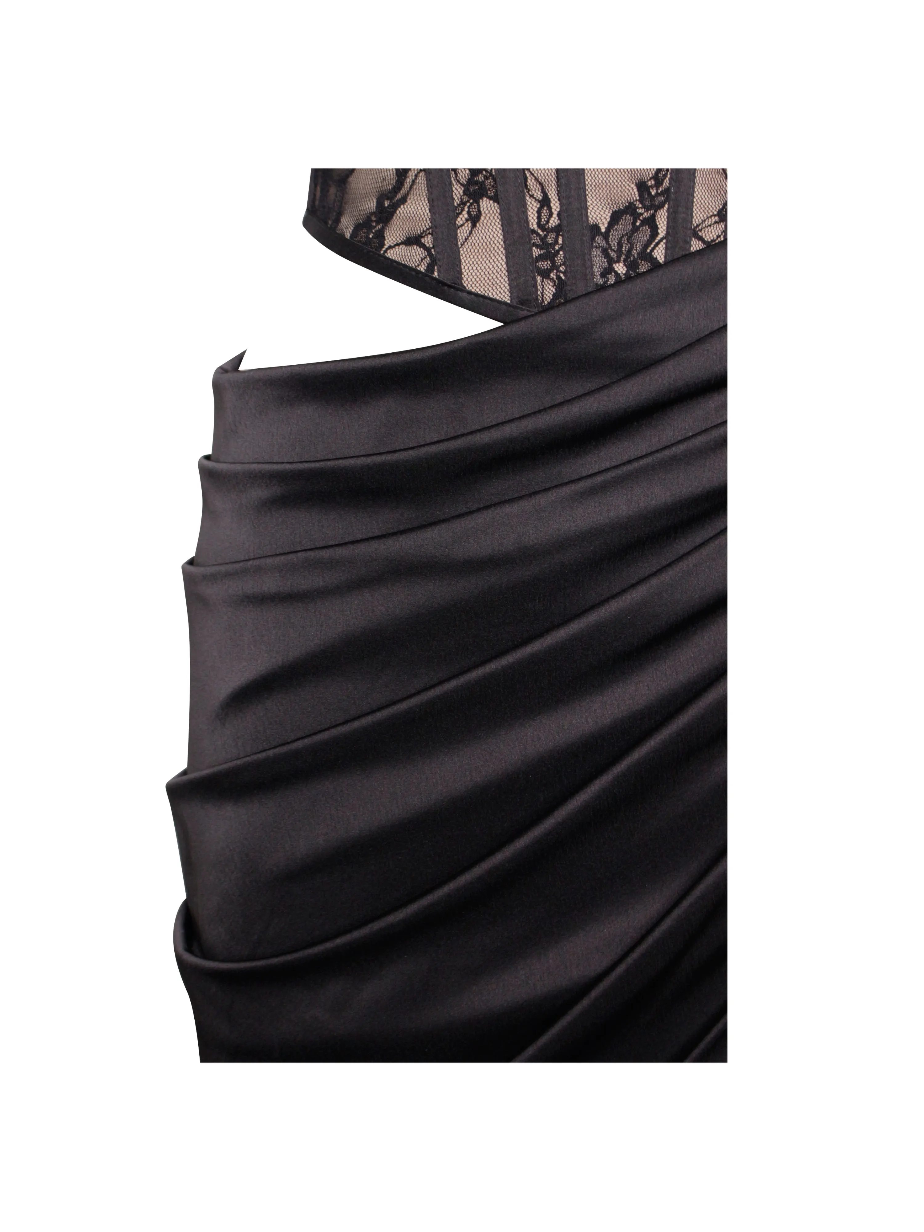 Callie Black Lace Satin Graceful Corset High Slit Gown