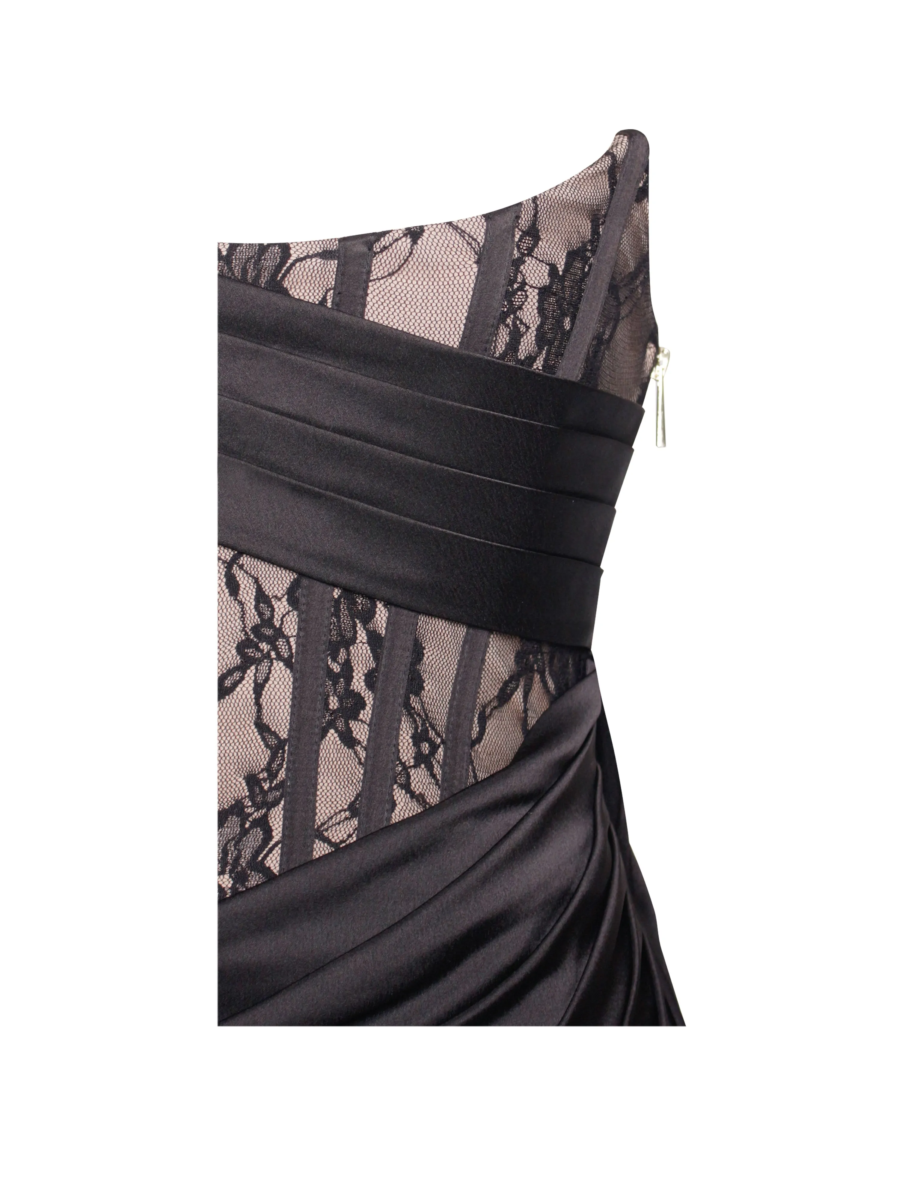 Callie Black Lace Satin Graceful Corset High Slit Gown