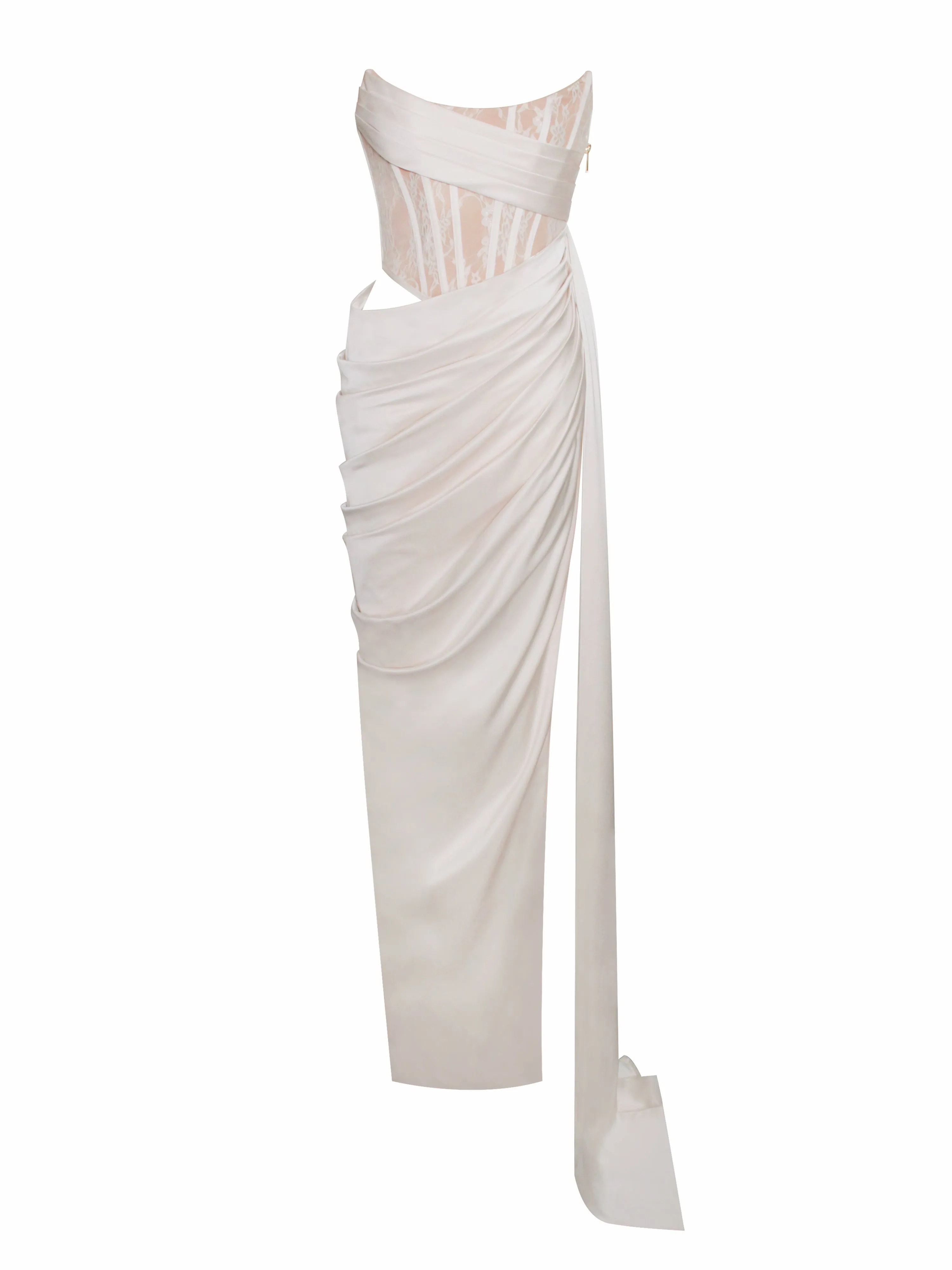 Callie Pearl White Lace Graceful Satin Corset High Slit Gown