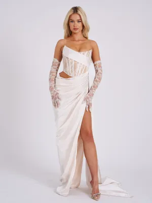 Callie Pearl White Lace Graceful Satin Corset High Slit Gown