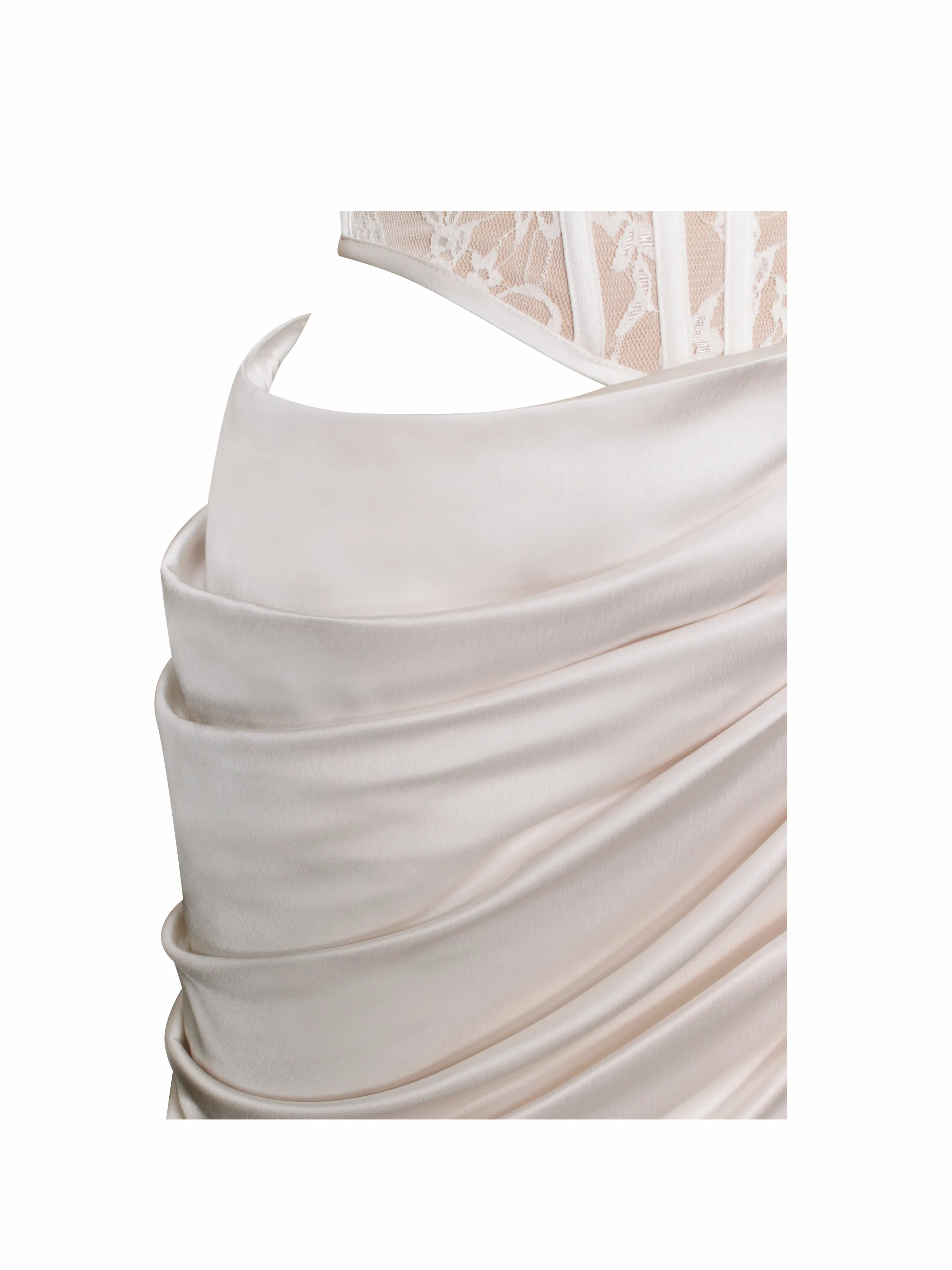 Callie Pearl White Lace Graceful Satin Corset High Slit Gown