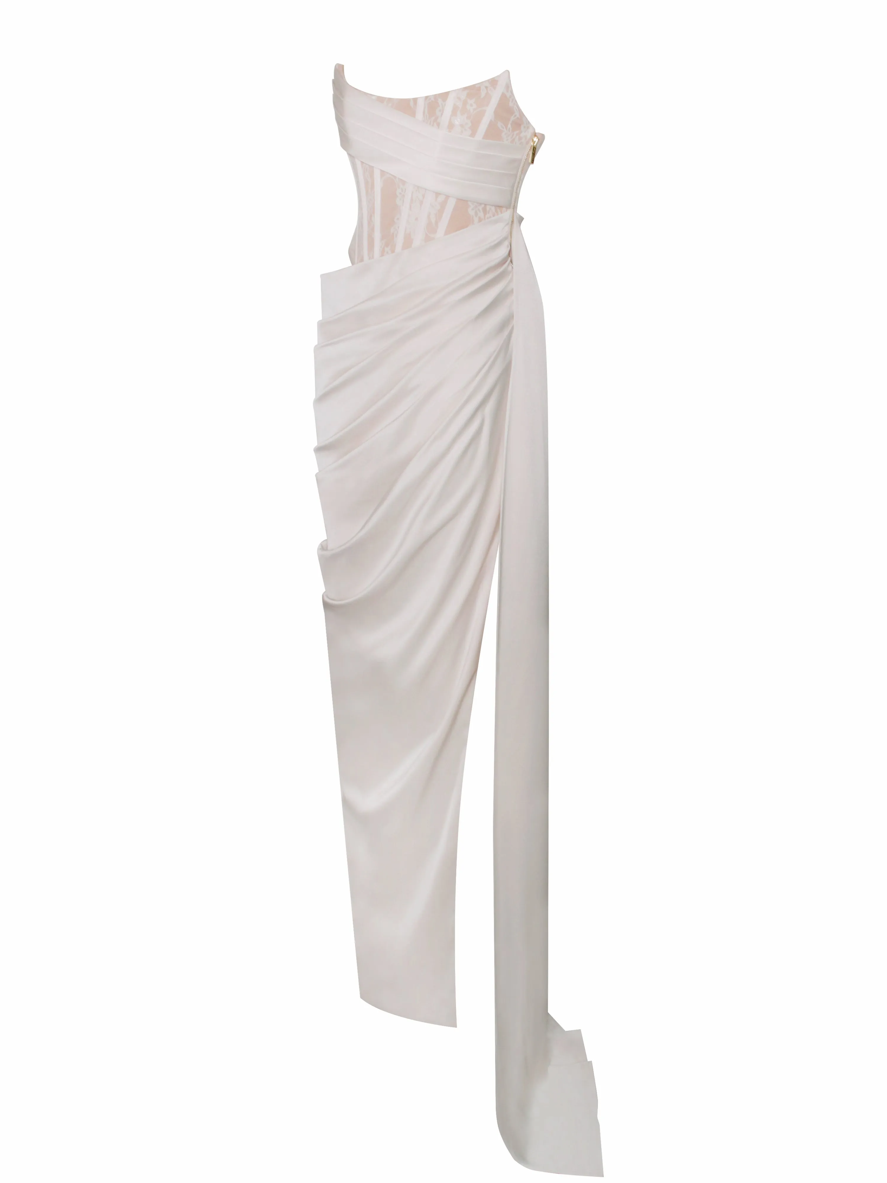 Callie Pearl White Lace Graceful Satin Corset High Slit Gown