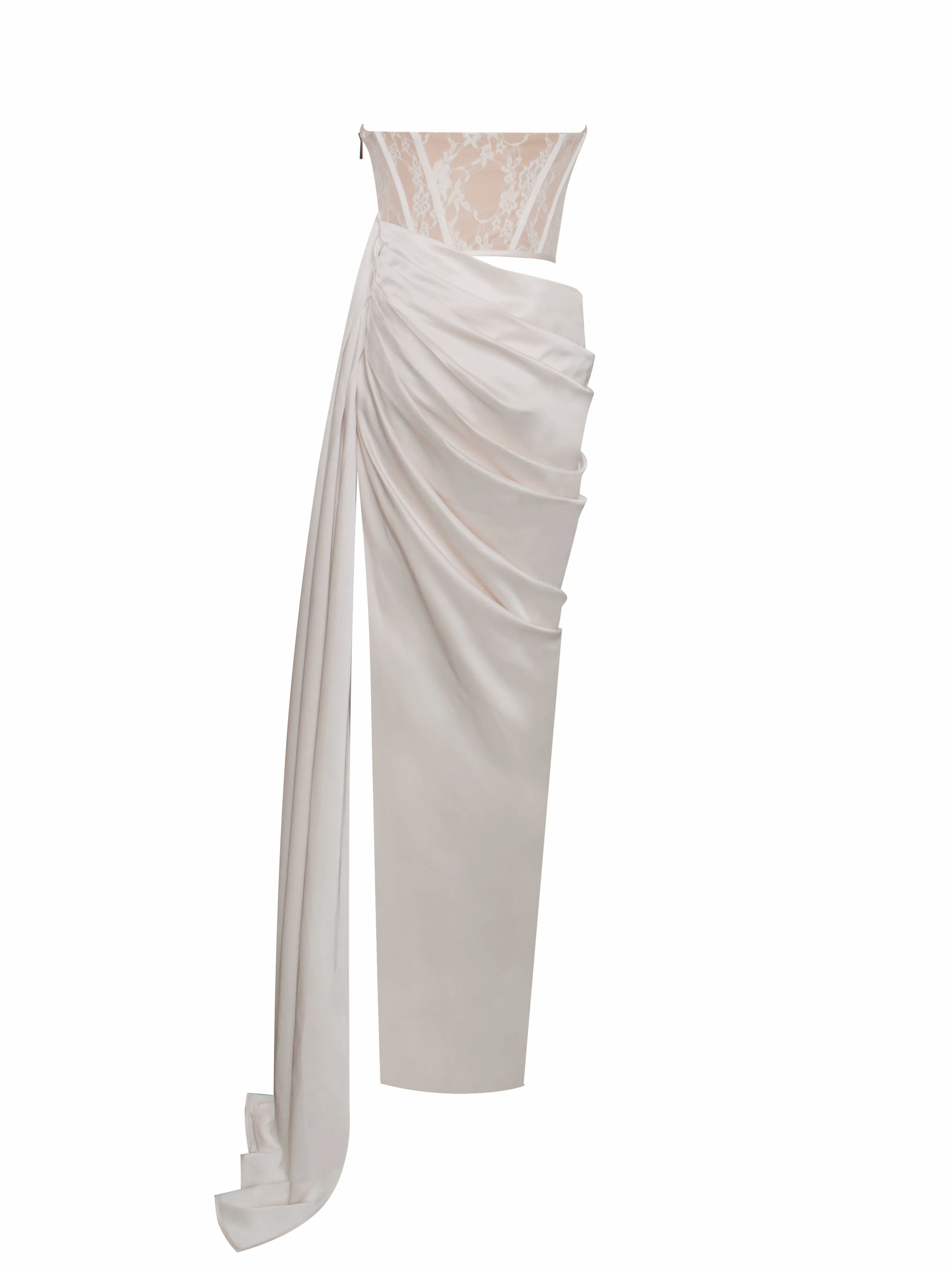 Callie Pearl White Lace Graceful Satin Corset High Slit Gown