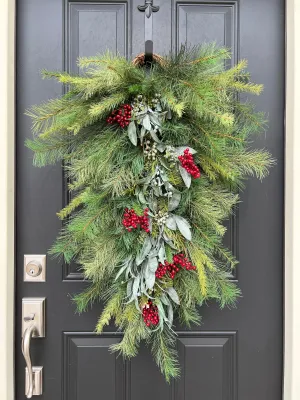 Christmas Pine Swag Teardrop Wreath with Berries