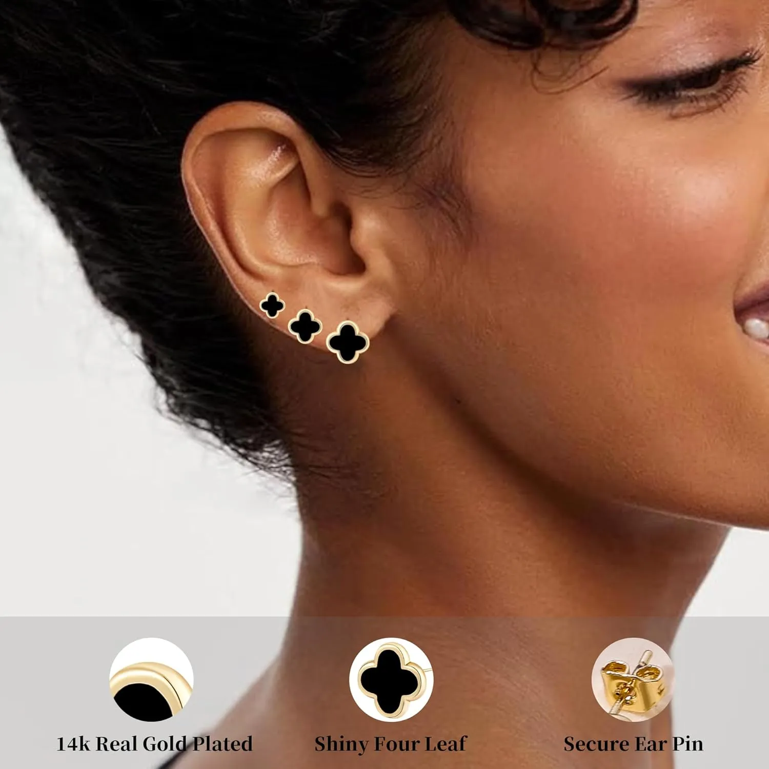 Clover Earrings Gold Stud Earring for Women Four Leaf Van Cleef-Hypoallergenic Small Earrings 3 Pairs Stainless Steel for Sensitive Ears Trendy Fashion Luck Gifts Birthday Christmas Anniversary/Black