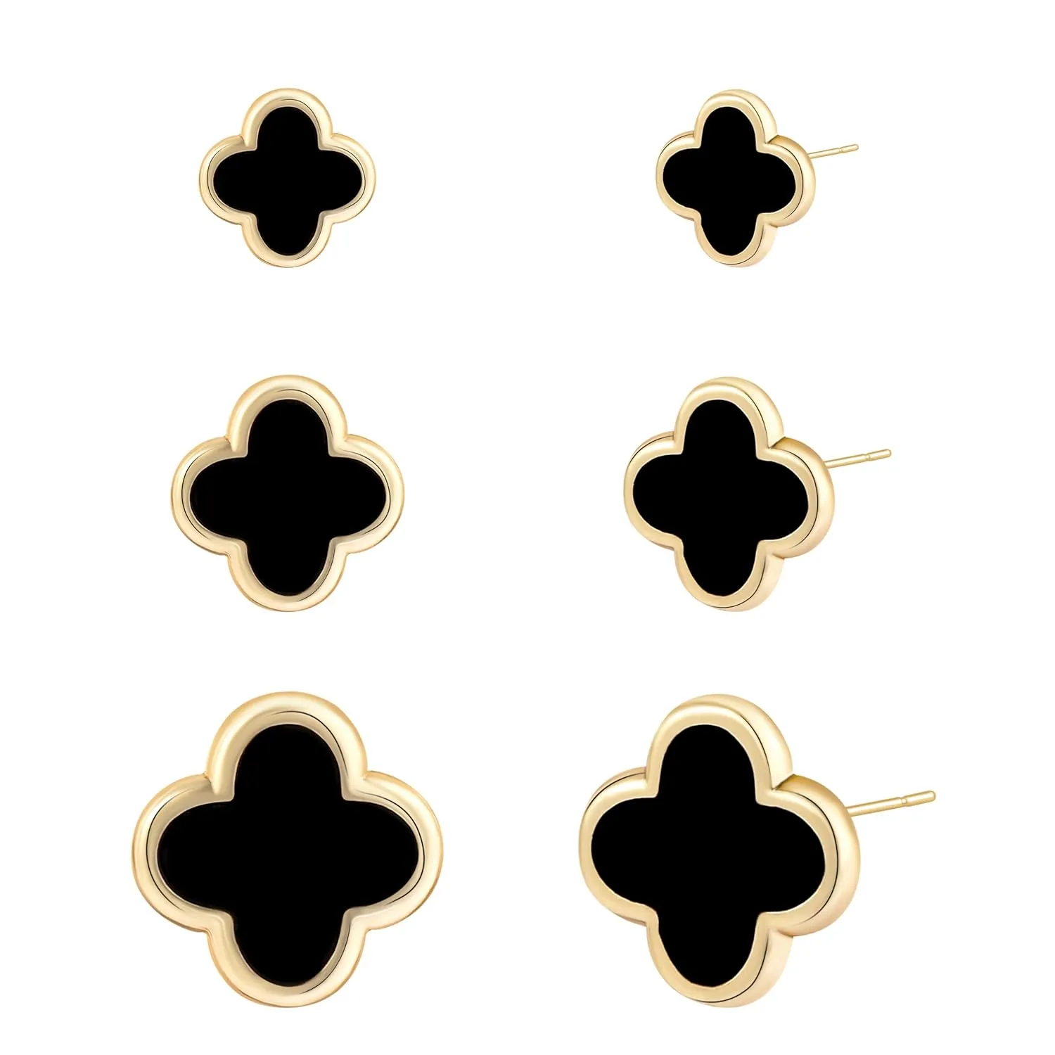 Clover Earrings Gold Stud Earring for Women Four Leaf Van Cleef-Hypoallergenic Small Earrings 3 Pairs Stainless Steel for Sensitive Ears Trendy Fashion Luck Gifts Birthday Christmas Anniversary/Black