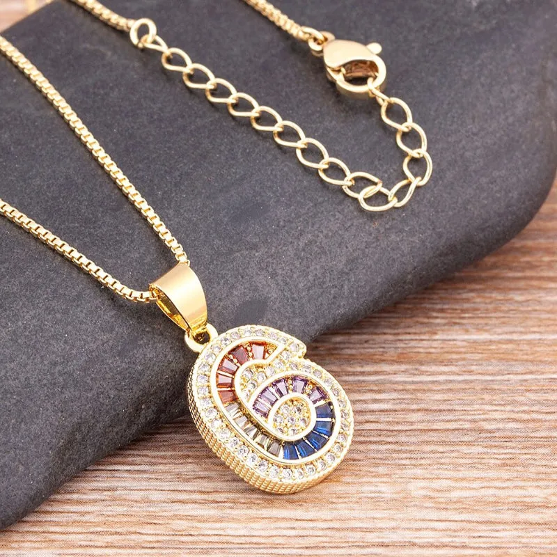 Colorful Rhinestone Bejeweled 0-9 Number Charm Pendant Necklaces