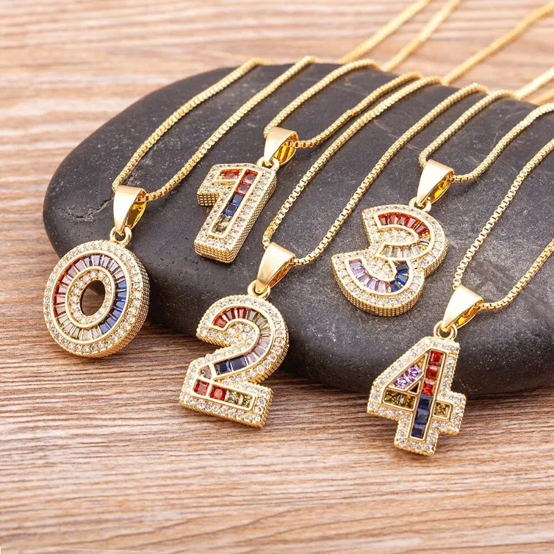 Colorful Rhinestone Bejeweled 0-9 Number Charm Pendant Necklaces
