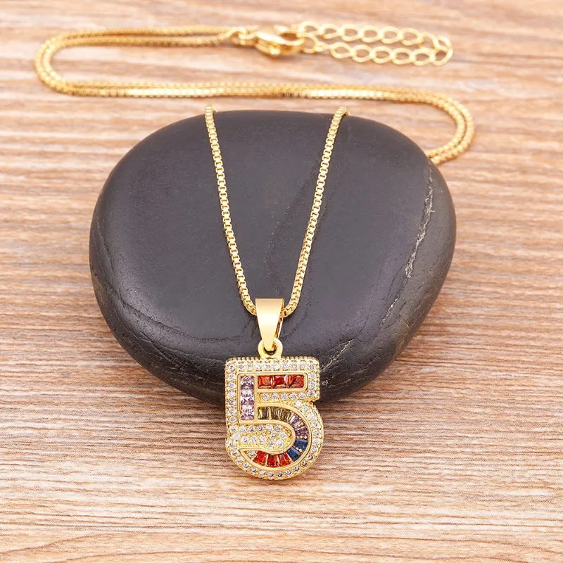 Colorful Rhinestone Bejeweled 0-9 Number Charm Pendant Necklaces
