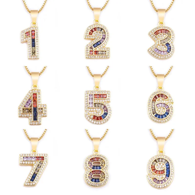 Colorful Rhinestone Bejeweled 0-9 Number Charm Pendant Necklaces