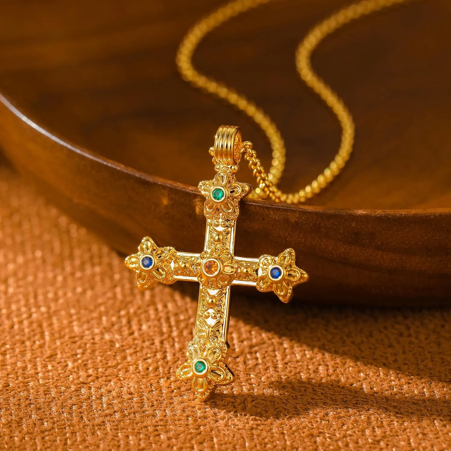 Cross Pendant Necklace for Women 18K Gold Plated Faith Necklace Luxurious Multi-Colored Gemstones Cross Choker Necklace Lightweight Prayer Religious Jewelry