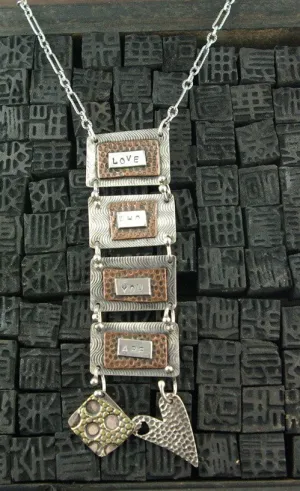 Dana Ruth Sterling Silver, Brass, and Copper Hanging Message Pendant Necklace