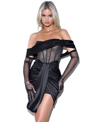 Darlene Black Off Shoulder Graceful Corset Satin Dress With Crystals