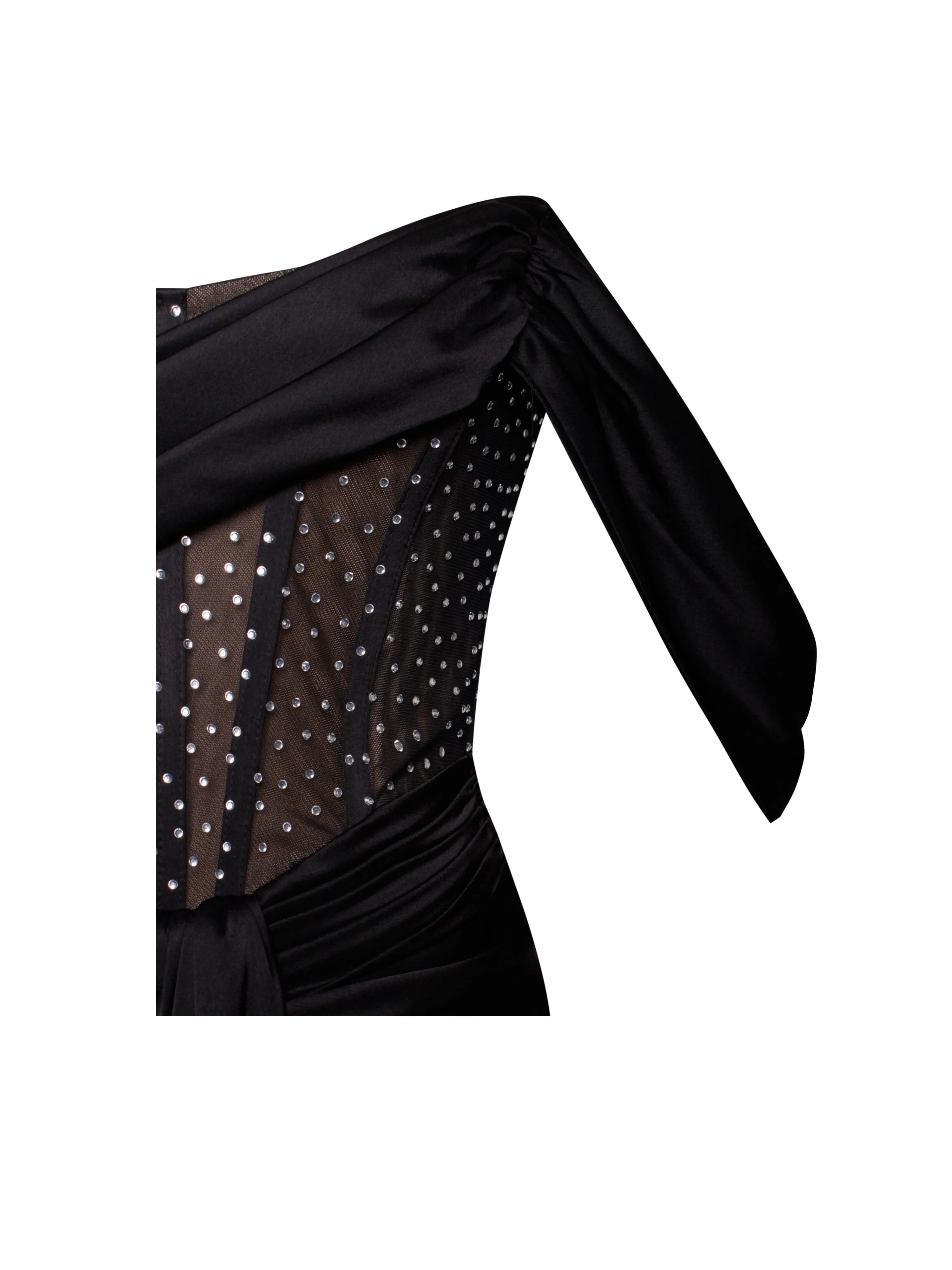 Darlene Black Off Shoulder Graceful Corset Satin Dress With Crystals
