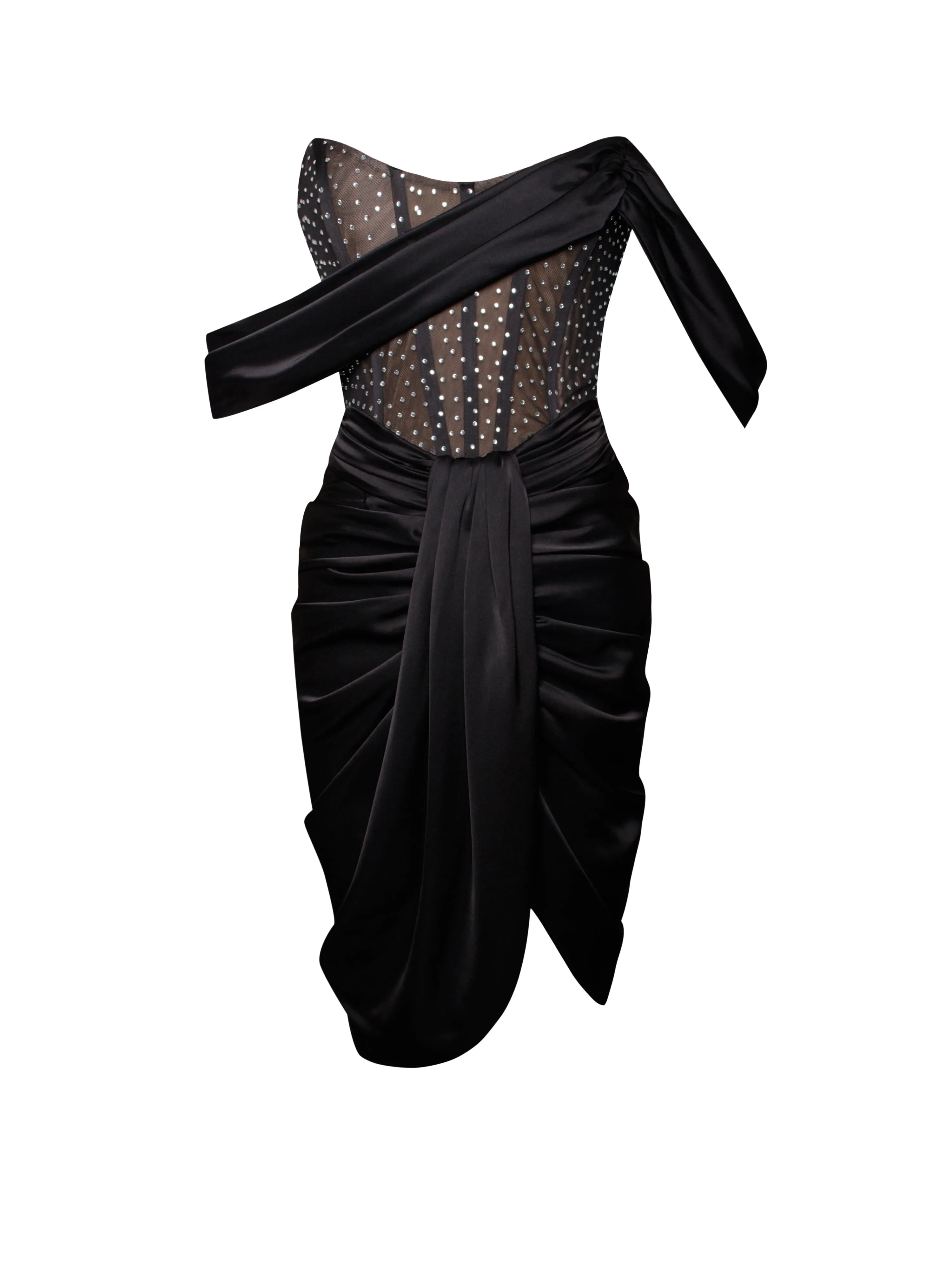 Darlene Black Off Shoulder Graceful Corset Satin Dress With Crystals