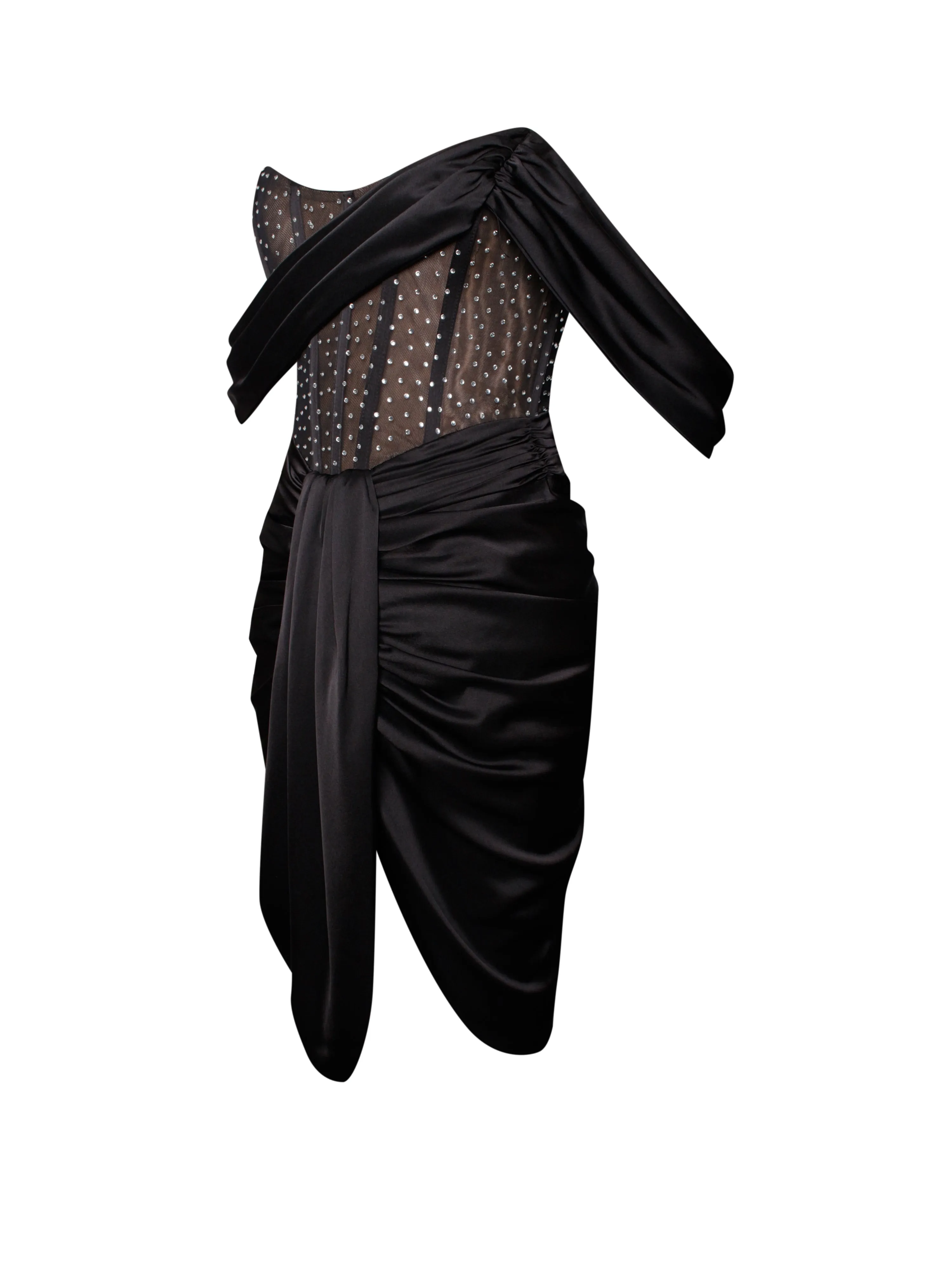 Darlene Black Off Shoulder Graceful Corset Satin Dress With Crystals