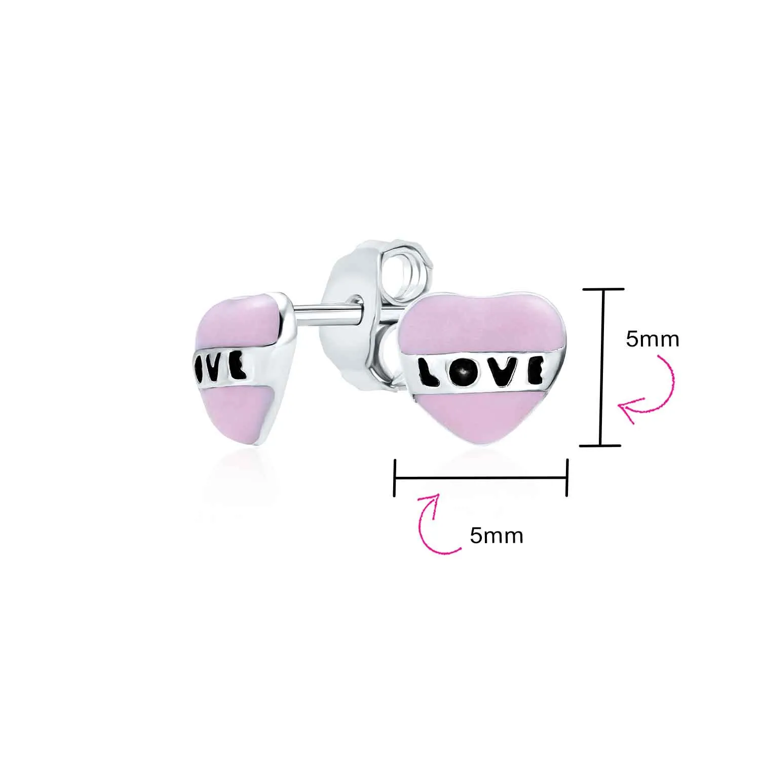 Delicate Pink Heart Shaped Stud Earrings with LOVE Message in Sterling Silver