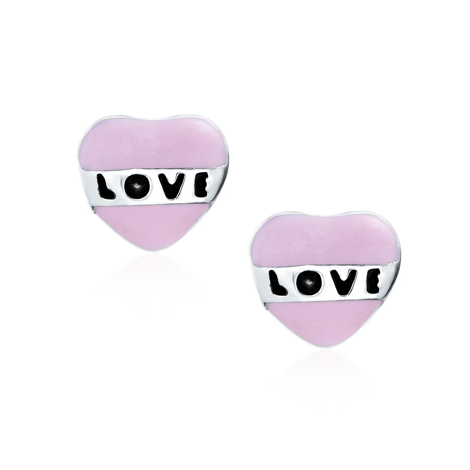 Delicate Pink Heart Shaped Stud Earrings with LOVE Message in Sterling Silver