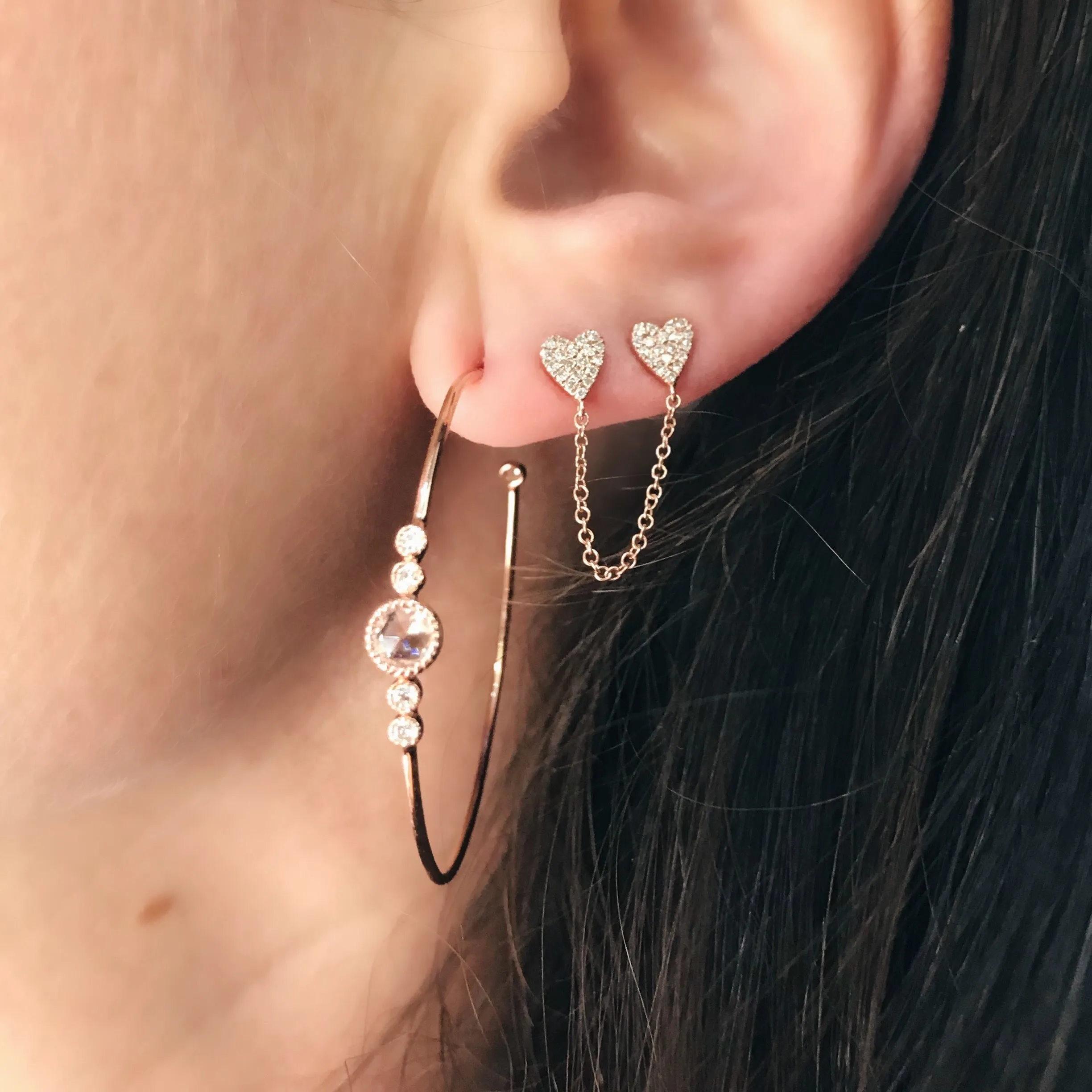 Double Pierce Diamond Heart Stud Chain Earrings