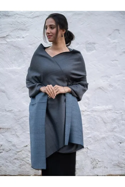Exclusive Reversible Soft Kashmiri Wool Shawl - Soft Blue & Grey